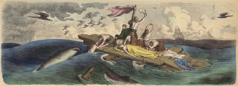 Skeppsbrottsöverlevande drivande på en flotte i Söderhavet (färgad gravyr) av German School