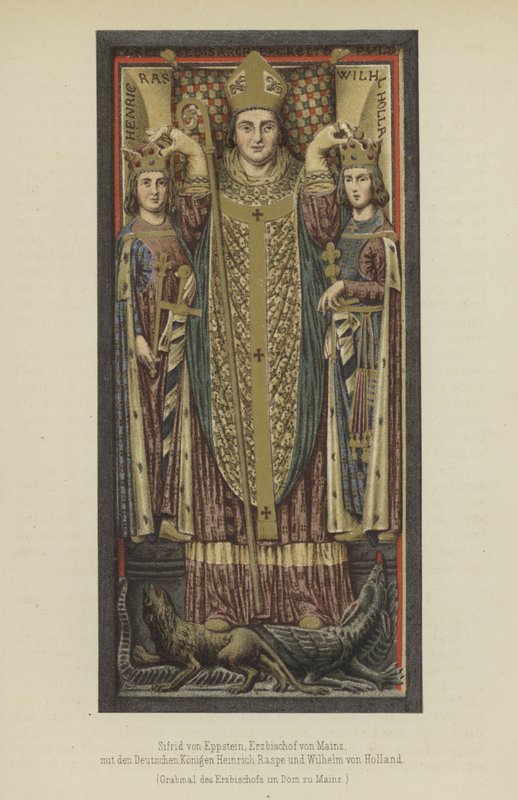 Siegfried von Eppstein, ärkebiskop av Mainz från 1230 till 1249, med de tyska kungarna Henry Raspe, landgrave av Thüringen, och William II av Holland, greve av Holland och Zeeland (färg litho) av German School