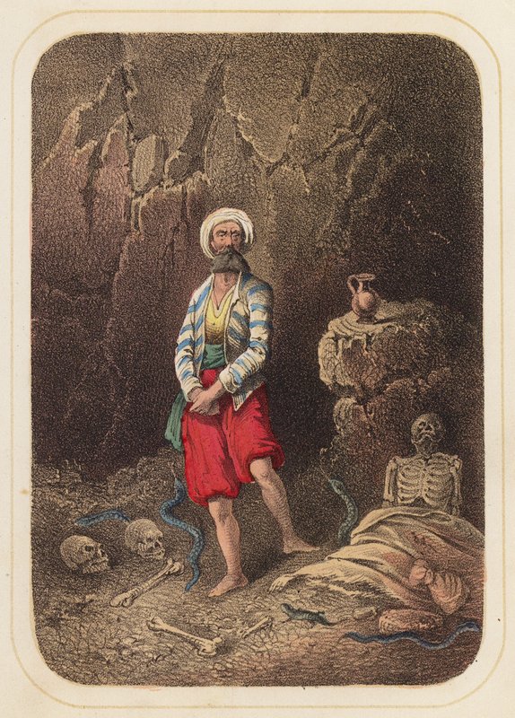 Sjömannen Sinbad i en scen ur Tusen och en natt (färg litho) av German School