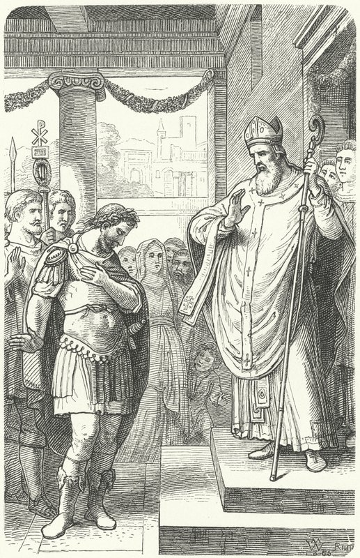 St Ambrosius hindrar den romerske kejsaren Theodosius I från att gå in i Milanos katedral som straff för massakern i Thessalonika, 390 (gravyr) av German School