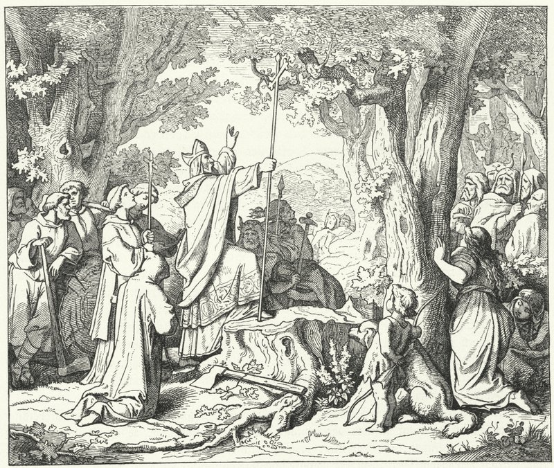 St Bonifatius fäller Donars ek, helig för de hedniska tyskarna (gravyr) av German School