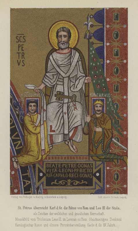 St Peter presenterar Karl den Store Roms flagga och påven Leo III, stolen (färg litho) av German School