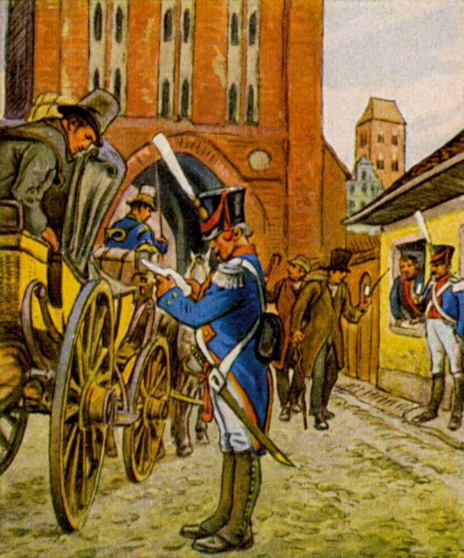 Stadtsoldaten Am Tor / Stadssoldater vid porten (färglitografi) av German School