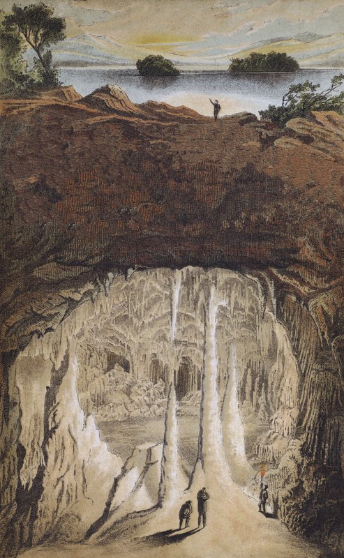 Stalaktiter och stalagmiter i en grotta (färg litho) av German School