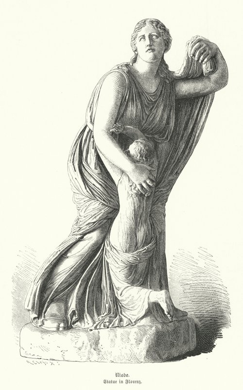 Staty av Niobe som skyddar ett av hennes barn från Artemis och Apollo (gravyr) av German School