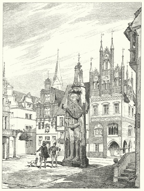 Staty av Roland restes 1404 mot katedralen i Bremen, Tyskland (gravyr) av German School