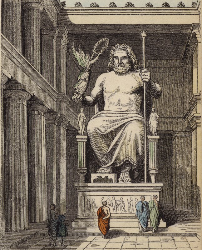 Staty av Zeus i det antika grekiska templet på Olympia (färgad gravyr) av German School