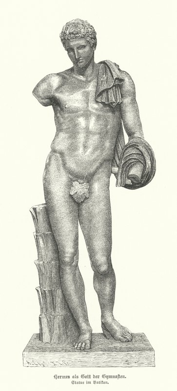 Staty av den antika grekiska guden Hermes som gymnasternas gud (gravyr) av German School