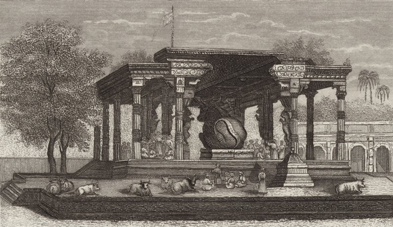 Staty av den heliga tjuren Nandi i ett hinduiskt tempel i Tanjore, Indien. Illustration för Bilder-Atlas (gravyr) av German School