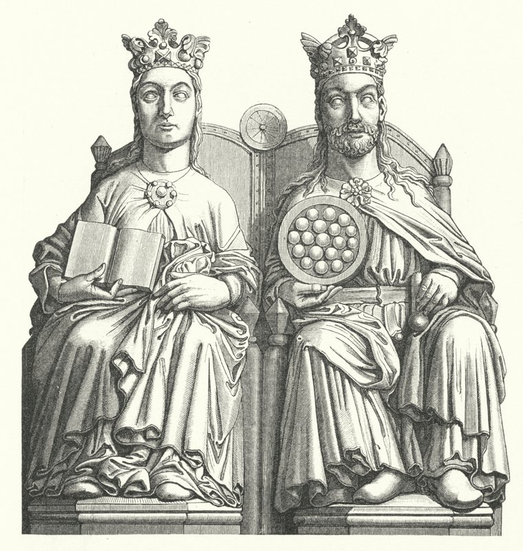 Statyer vid katedralen i Magdeburg kallad "The Royal Couple" tänkte porträttera kung Otto I och hans fru Edith av England (gravyr) av German School