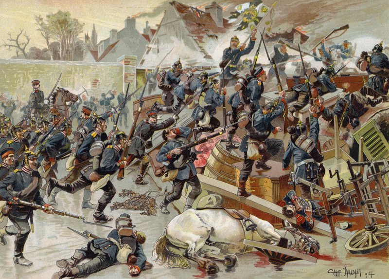Stormningen av den stora barrikaden vid ingången till Le Bourget av drottning Elizabeths 3:e regemente av grenadjärgardet, fransk-preussiska kriget, 30 oktober 1870 av German School