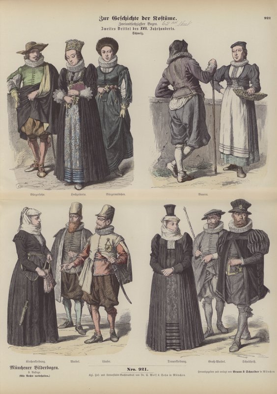 Schweiziska dräkter, mitten av 1600-talet (färgad gravyr) av German School