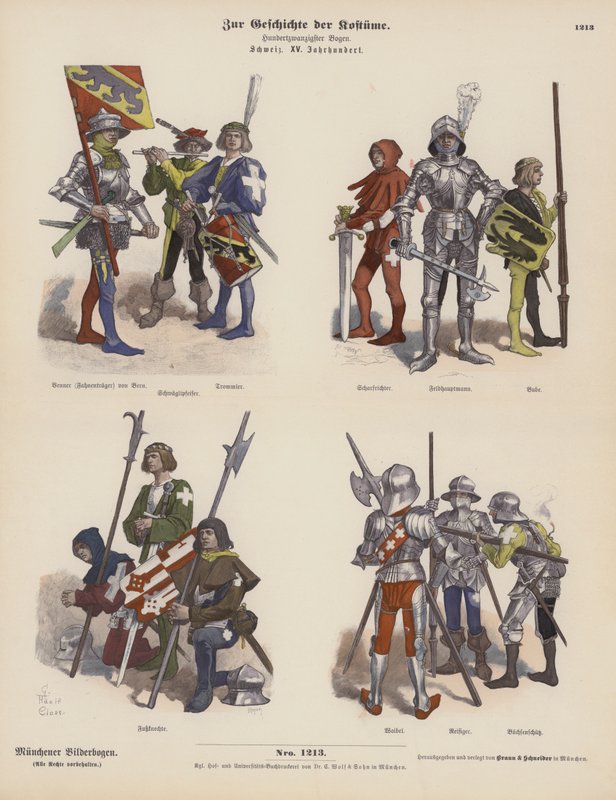 Schweiziska militärdräkter från 1400-talet (färgad gravyr) av German School