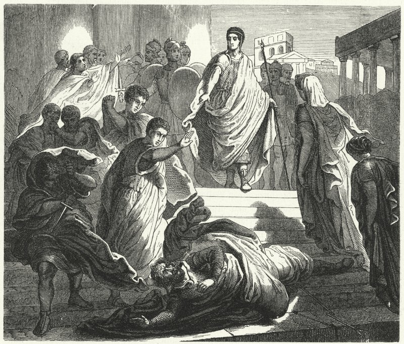 Tarquinius Superbus mördar sin svärfar, Servius Tullus, för att göra anspråk på den romerska tronen (gravyr) av German School