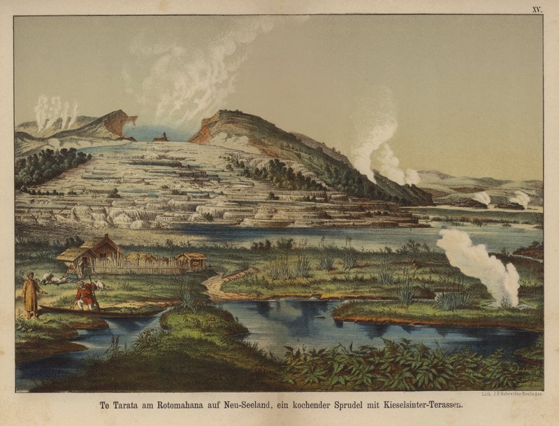 Te Tarata (White Terrace), geotermiska kiseldioxidsinteravlagringar på stranden av Lake Rotomahana, Nya Zeeland (färg litho) av German School