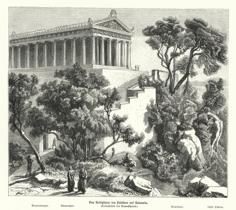 Poseidons tempel, Kalaureia, Grekland, där Demosthenes tog sin helgedom innan han tog gift 322 f.Kr. (gravyr) av German School