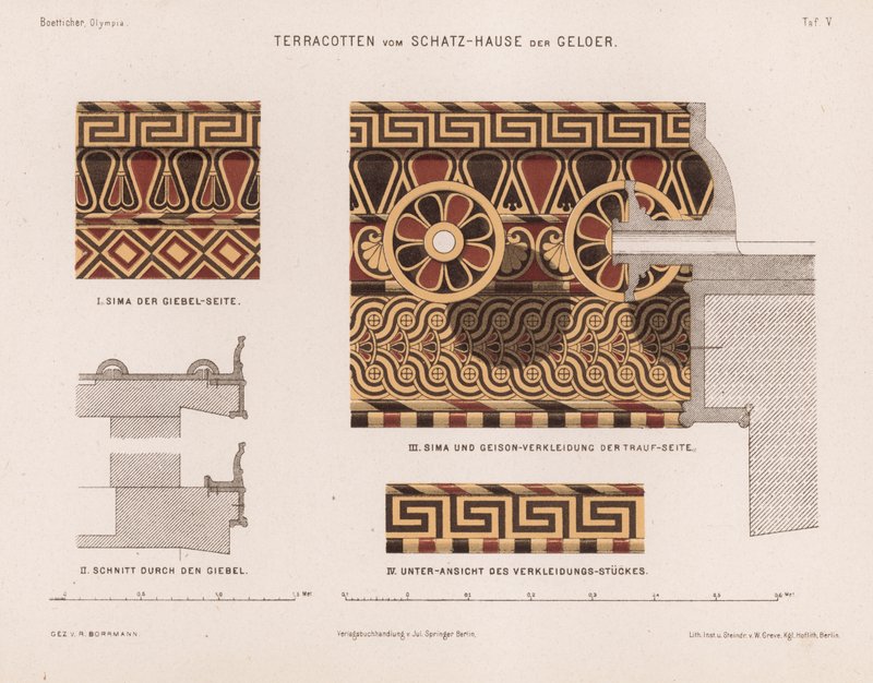 Terrakottadekorationer från skattkammaren i Gela, Olympia, Grekland (färg litho) av German School