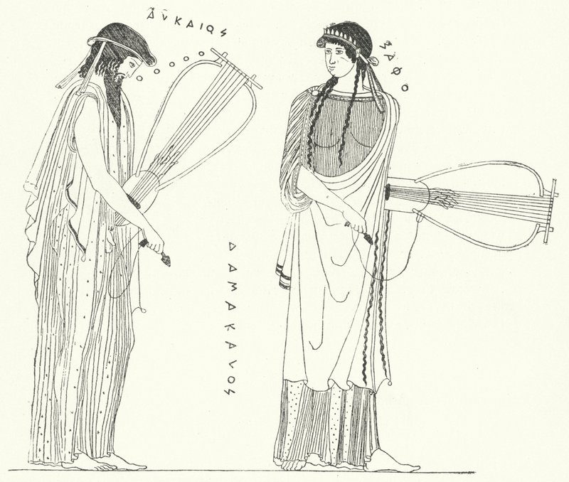 Den antika grekiske poeten Alcaeus och hans älskare Sappho (gravyr) av German School
