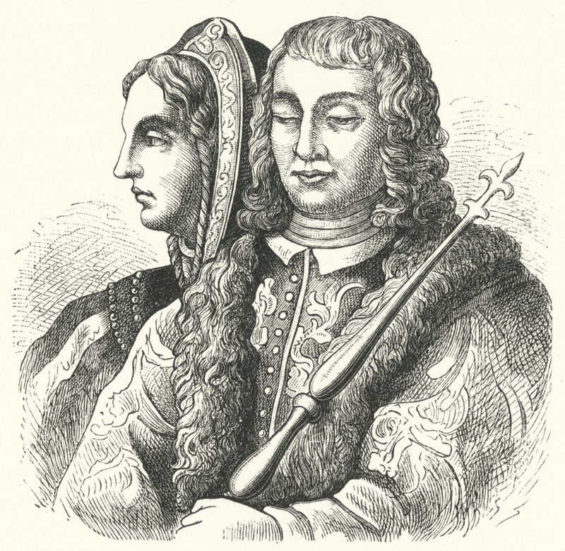 De katolska monarkerna, Isabella I av Kastilien och Ferdinand II av Aragon (gravyr) av German School