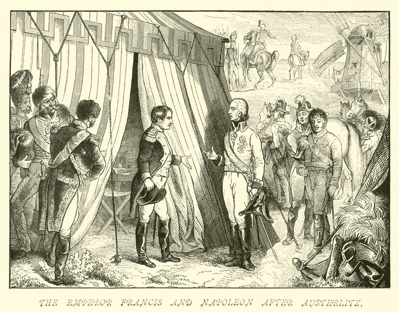 Kejsar Franciskus och Napoleon efter Austerlitz av German School