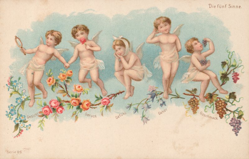 De fem sinnena (färg litho) av German School
