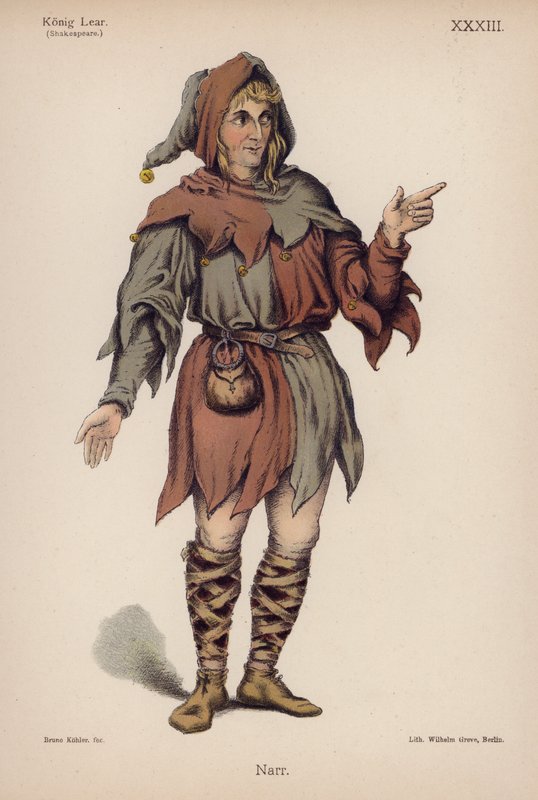 The Fool, från Shakespeares King Lear (färg litho) av German School