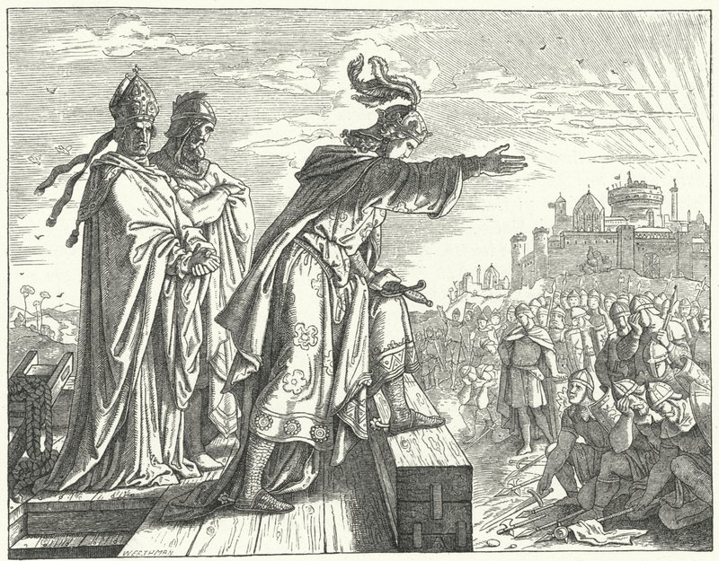 Den helige romerske kejsaren Otto III anklagar romarna för illojalitet (gravyr) av German School