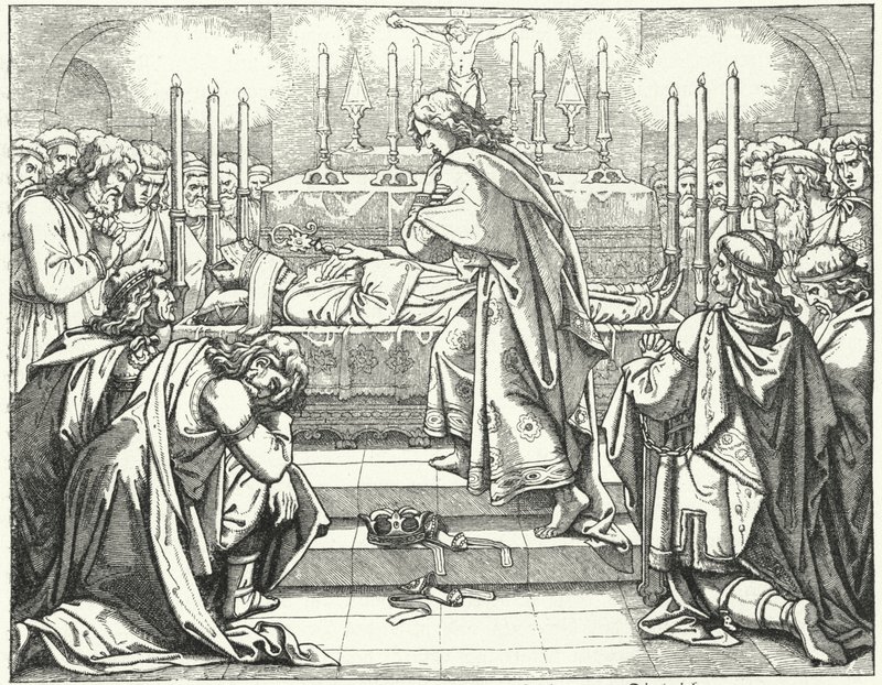 Den helige romerske kejsaren Otto III vid graven till St Adalbert av Prag (gravyr) av German School