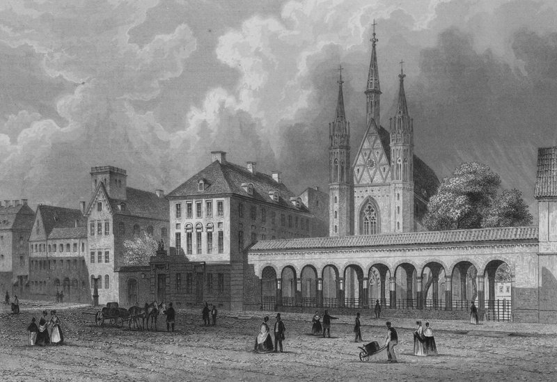 Klosterkirche och Klosterstrasse, Berlin (stålgravyr) av German School