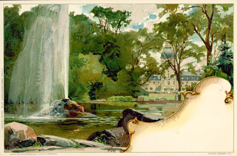 Schlossgarten och Karlsruhe Palace i Karlsruhe, Tyskland (färg litho) av German School