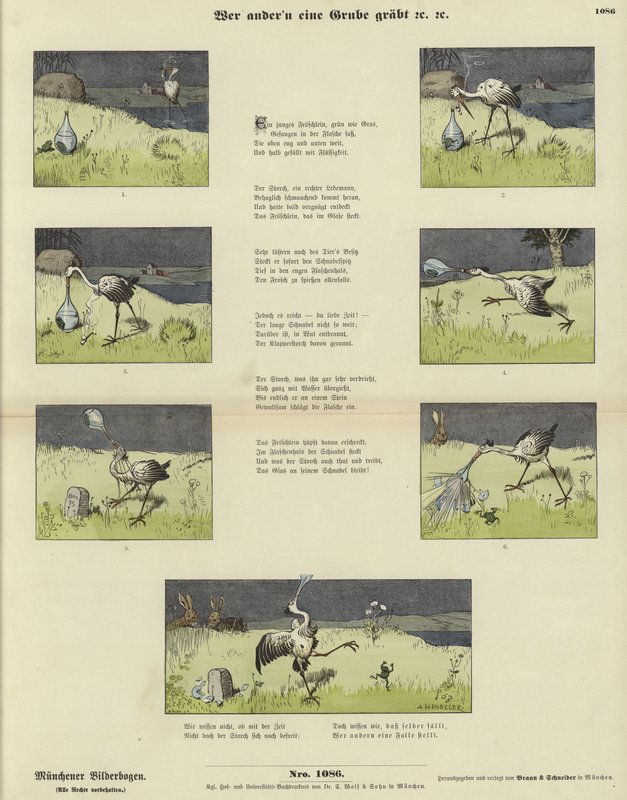 Storken och grodan i en vas (färgad gravyr) av German School
