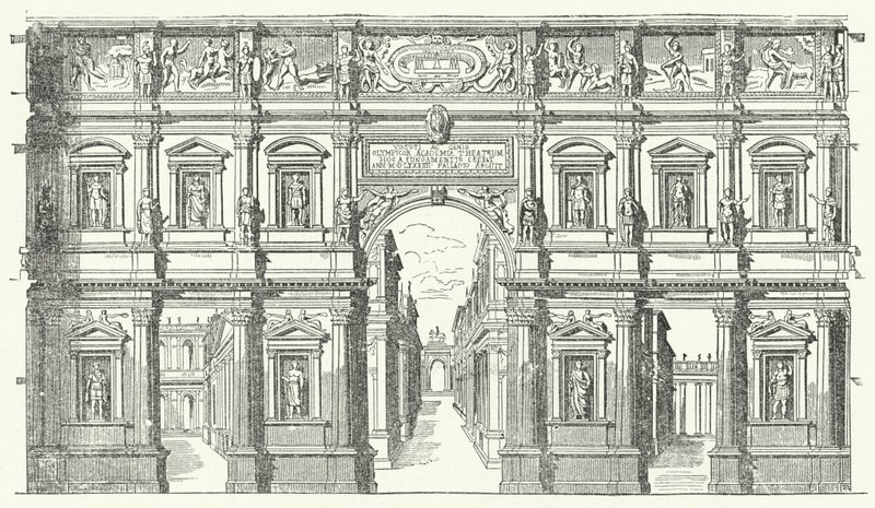 Teatro Olimpico ("Olympiska teatern") i Vicenza, norra Italien (gravyr) av German School