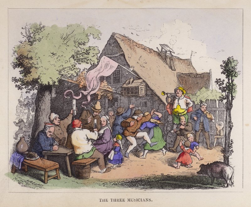De tre musikerna (färg litho) av German School