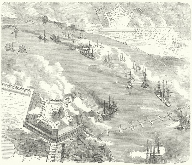 Unionens flotta attackerar Fort Jackson och Fort St Philip, Louisiana, amerikanska inbördeskriget, 1862 av German School