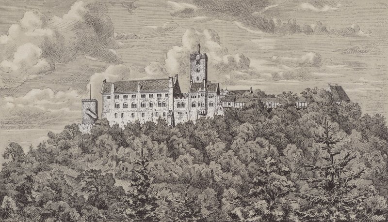 Wartburg, slott med utsikt över staden Eisenach, Thüringen, Tyskland (litho) av German School