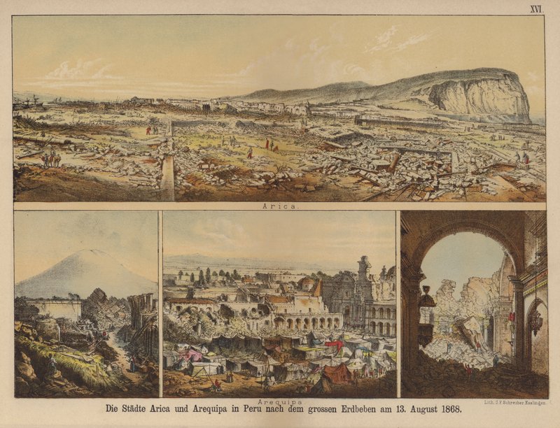 Städerna Arica och Arequipa i Peru efter den stora jordbävningen den 13 augusti 1868 (färg litho) av German School