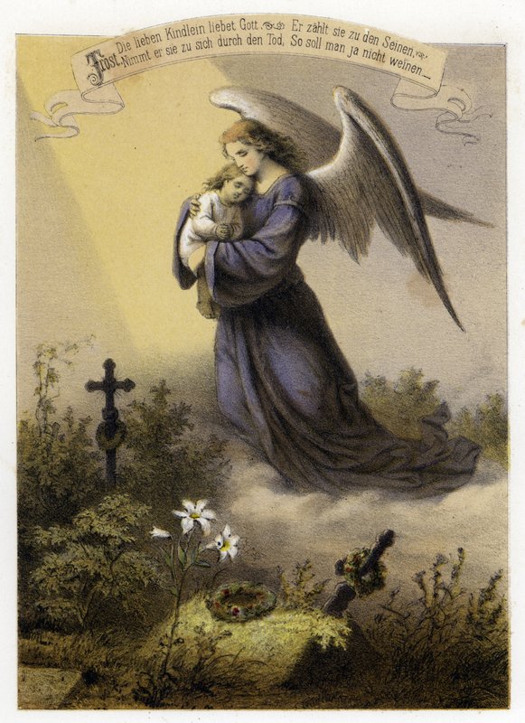Guds kärlek till ett dött barn (färg litho) av German School