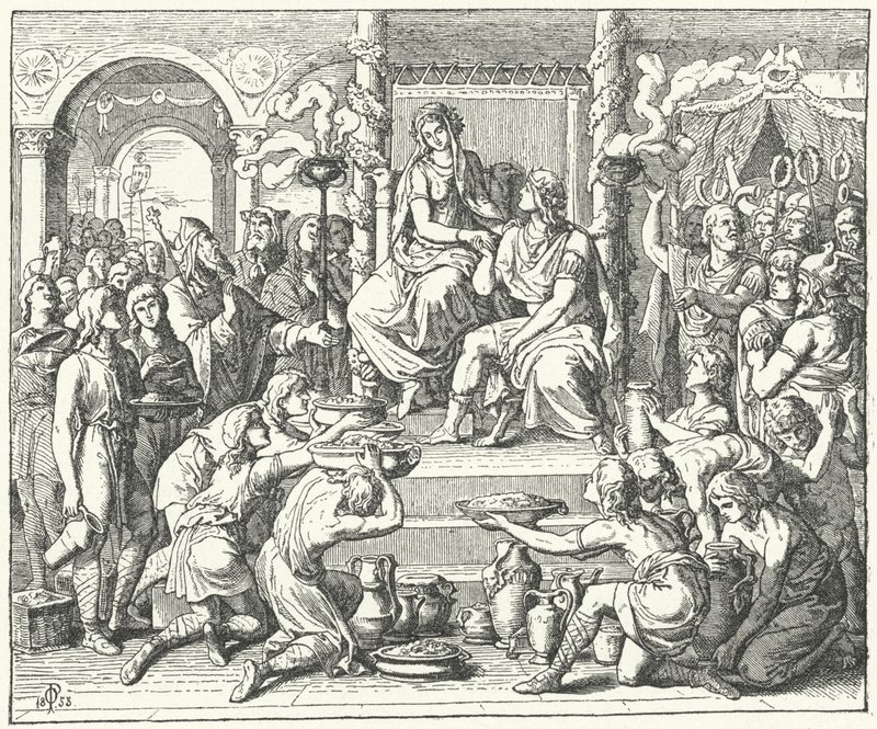 Äktenskapet mellan Ataulf, visigoternas kung, och Galla Placidia, dotter till den romerske kejsaren Theodosius I, 414 (gravyr) av German School