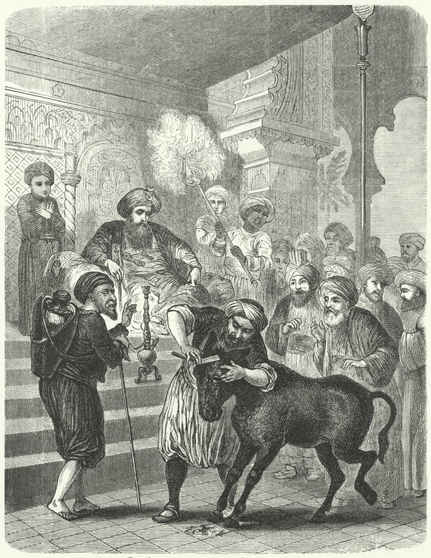 Bonden och hans röv framför kalifen Harun al-Rashid (gravyr) av German School