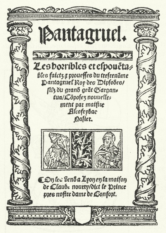 Titelsidan från den äldsta kända upplagan av Pantagruel, en roman av Francois Rabelais (gravyr) av German School