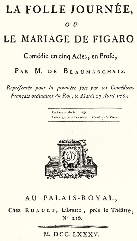 Titelsidan från pjäsen Figaros bröllop, av Pierre Beaumarchais, uppförd första gången 1784 (gravyr) av German School