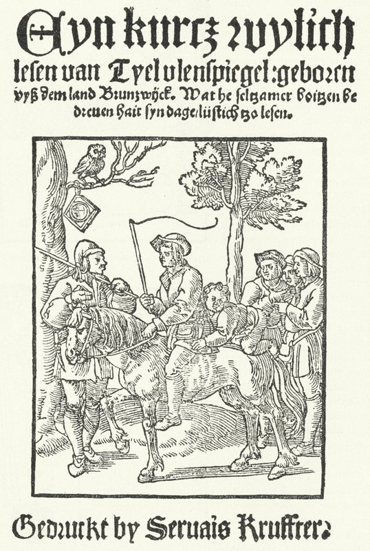 Titelsidan för den äldsta kända lågtyska upplagan av Till Eulenspiegel, tryckt av Servais Kruffter (gravyr) av German School