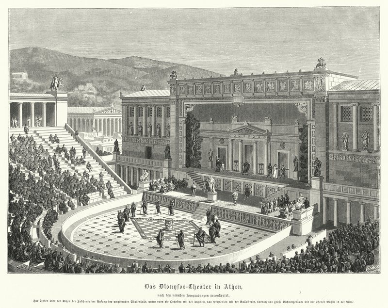 Dionysos Eleuthereus teater, Aten, antikens Grekland (gravyr) av German School