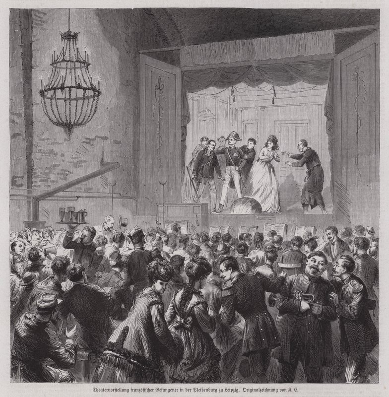 Teaterföreställning av franska fångar från det fransk-preussiska kriget i Pleissenburg, Leipzig, Tyskland (gravyr) av German School