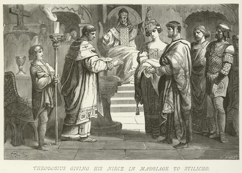 Thedosius ger sin systerdotter i äktenskap med Stilicho av German School