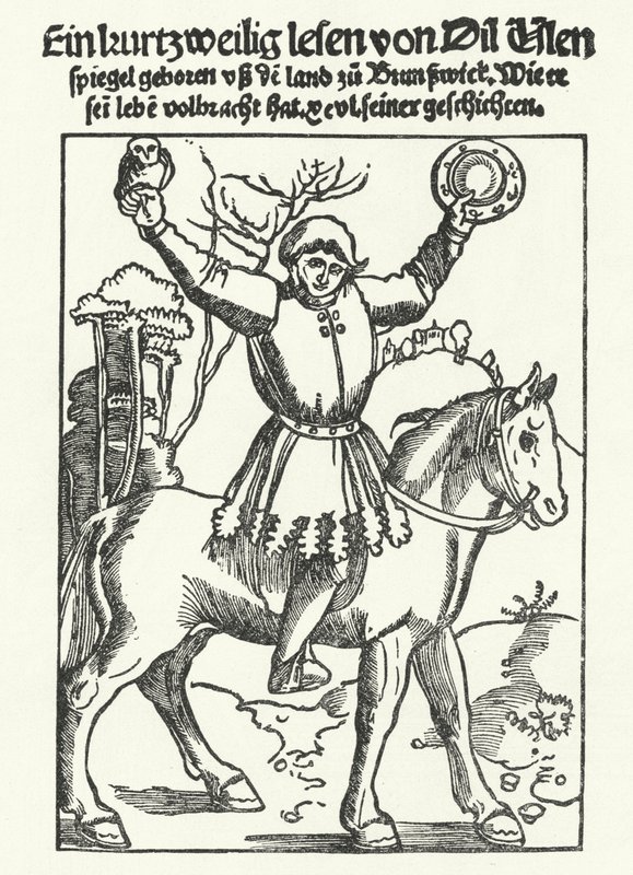 Till Eulenspiegel avbildad med uggla och spegel (gravyr) av German School