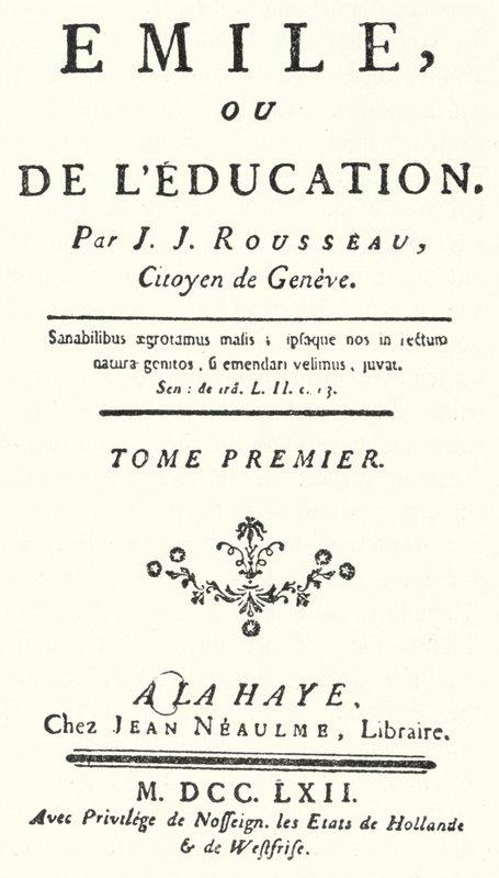 Titelsida från den första upplagan av Emile av Jean-Jacques Rousseau, publicerad 1762 (gravyr) av German School