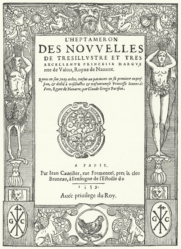 Titelsida från den första upplagan av Heptameron, av Marguerite av Navarra (gravyr) av German School