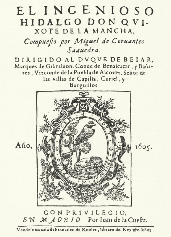 Titelsida från den första upplagan av romanen Don Quijote, av Miguel de Cervantes (gravyr) av German School