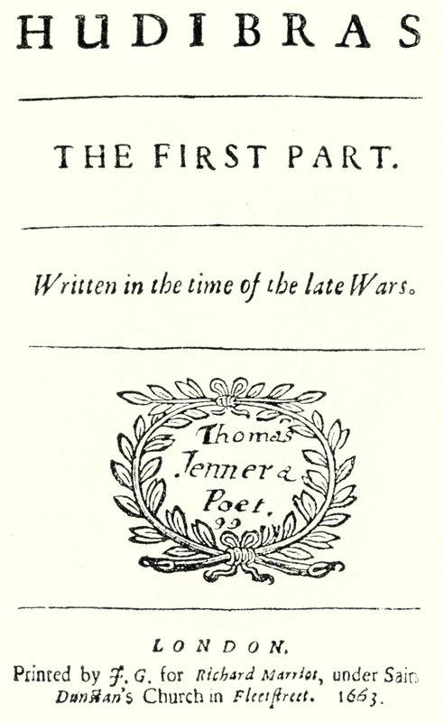 Titelsida från den satiriska dikten Hudibras av den engelska poeten Samuel Butler, publicerad 1663 (gravyr) av German School